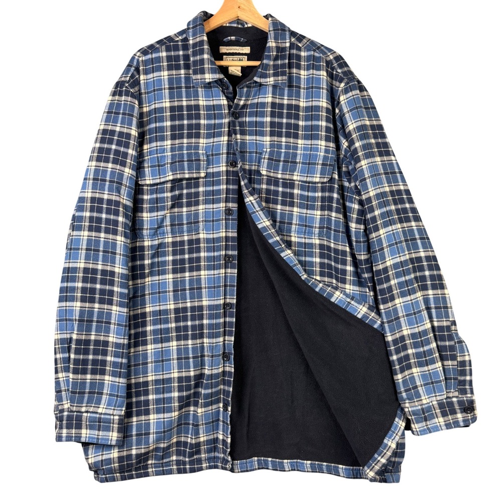 L.L.Bean Traditional Fit Fleece Lined Flannel Shirt Blue Plaid XL-Tall 298190